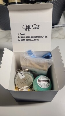 Gift Box 3: with soap, 1 oz. Salv-ation and small bath bomb in gift packaging