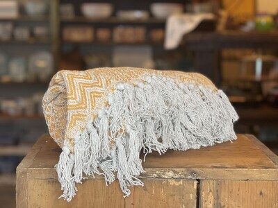 Cotton Blend Knit throw with Fringe Yellow