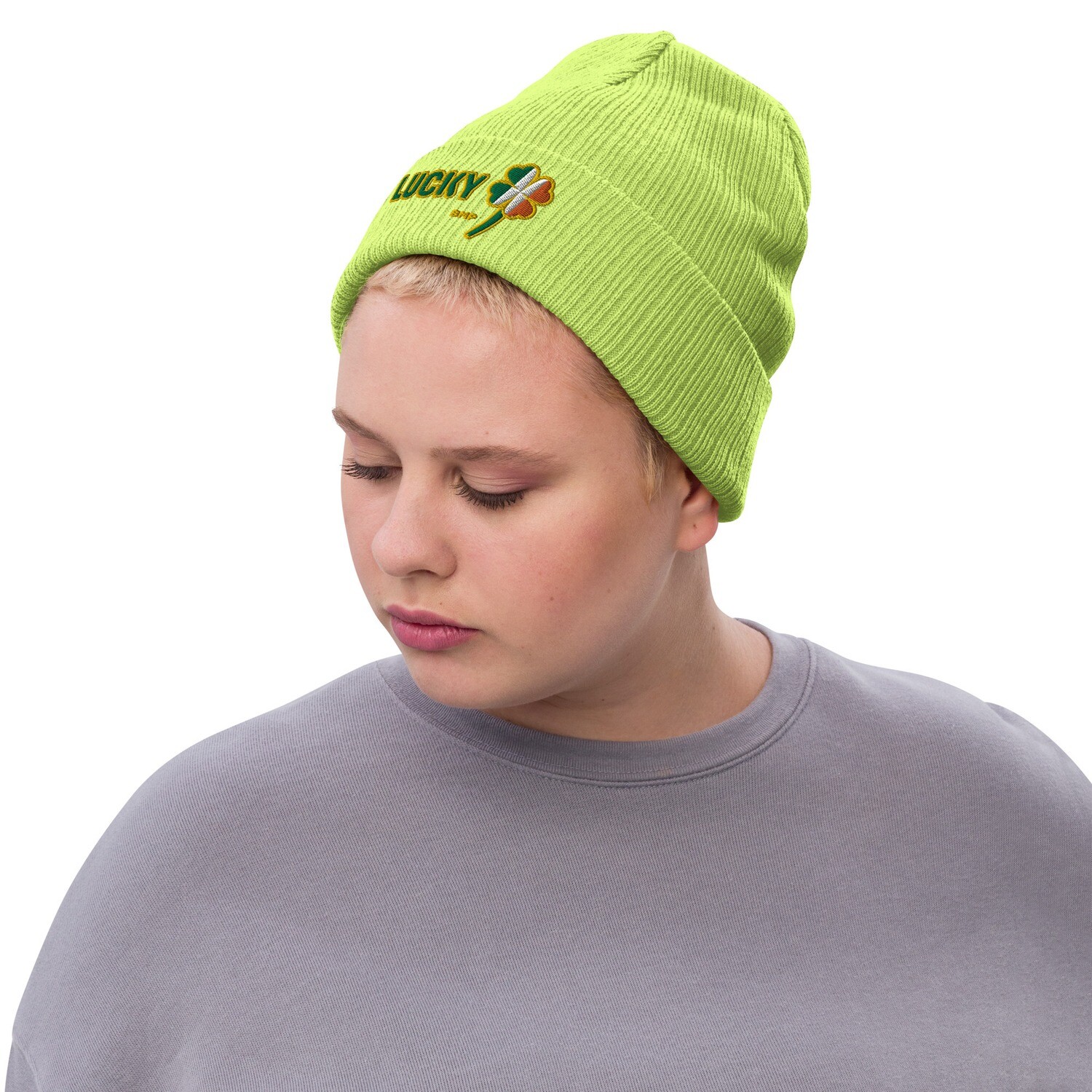 Lucky Four Leaf Clover- Ribbed knit beanie