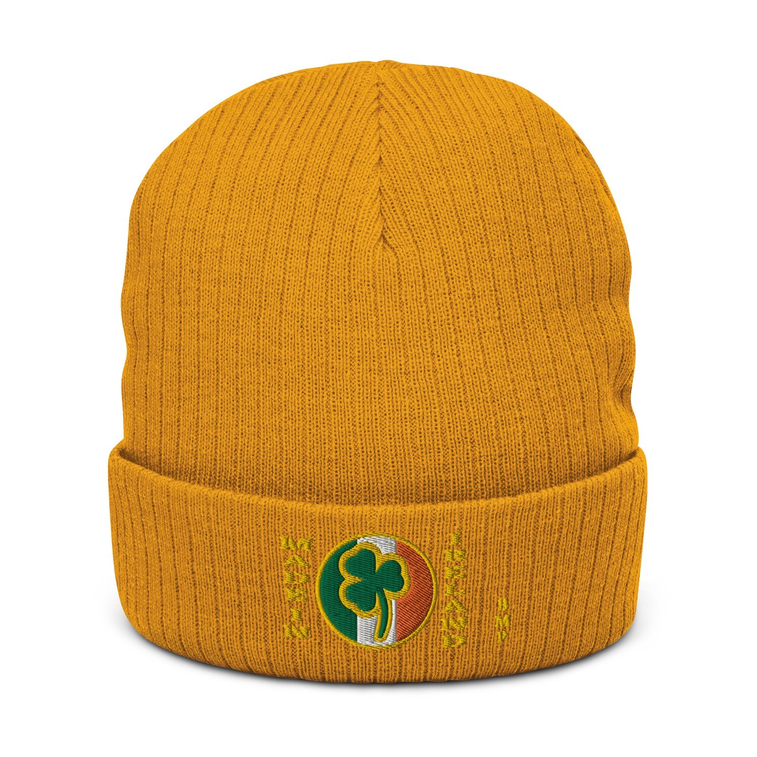 Made In Ireland Green and Gold Shamrock- Ribbed knit beanie