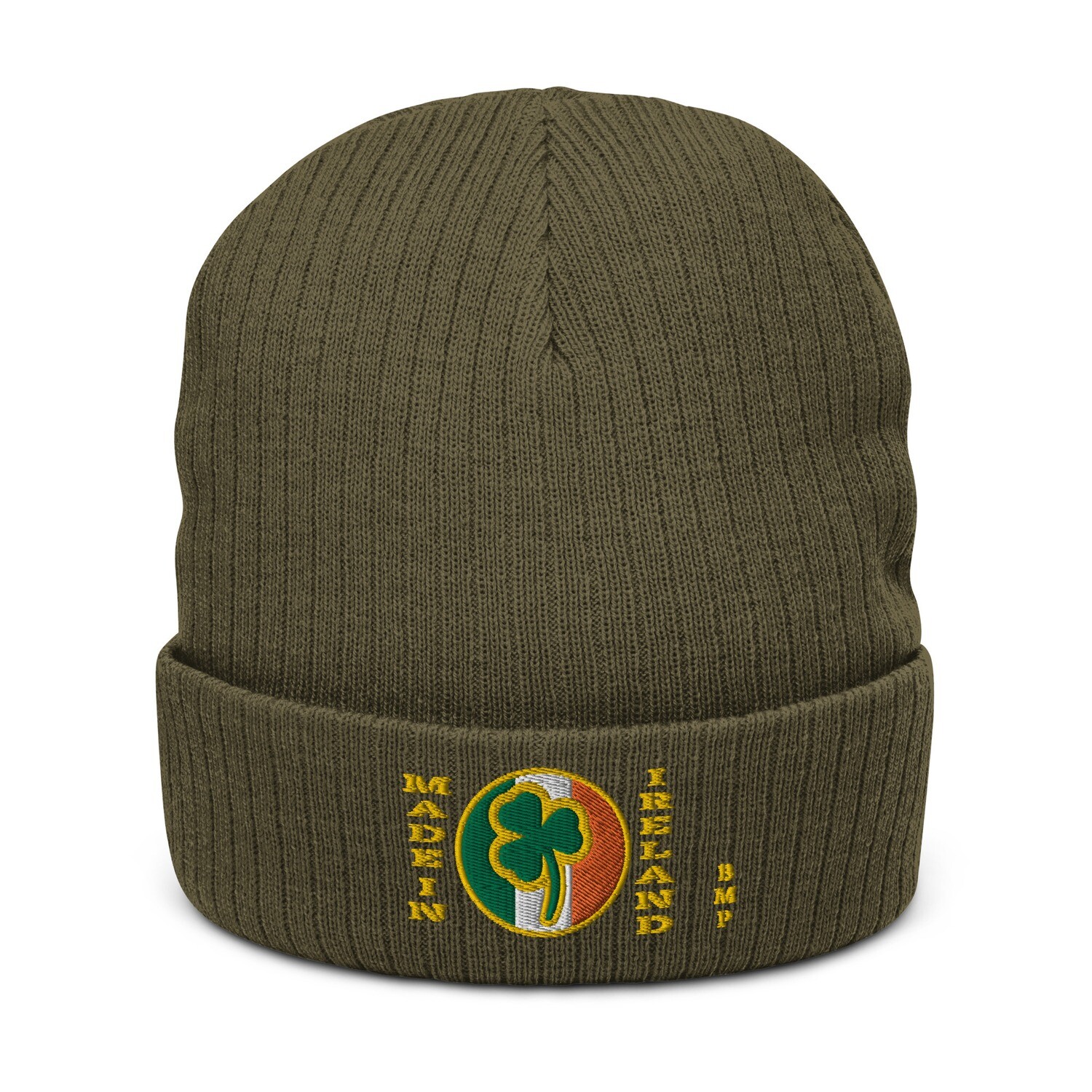 Made In Ireland Green and Gold Shamrock- Ribbed knit beanie