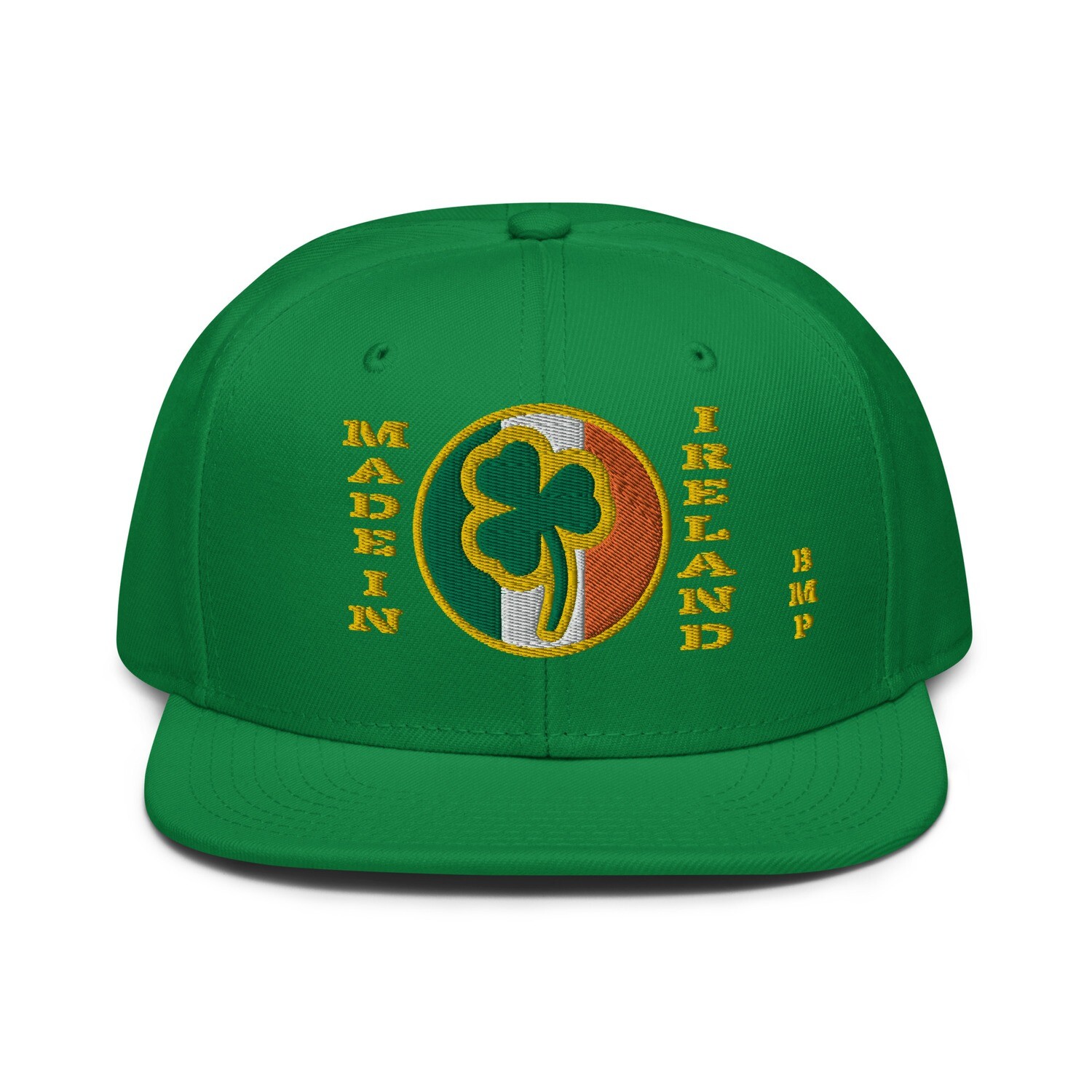 Made in Ireland Green And Gold Shamrock Hat- Flat Front Snapback Hat