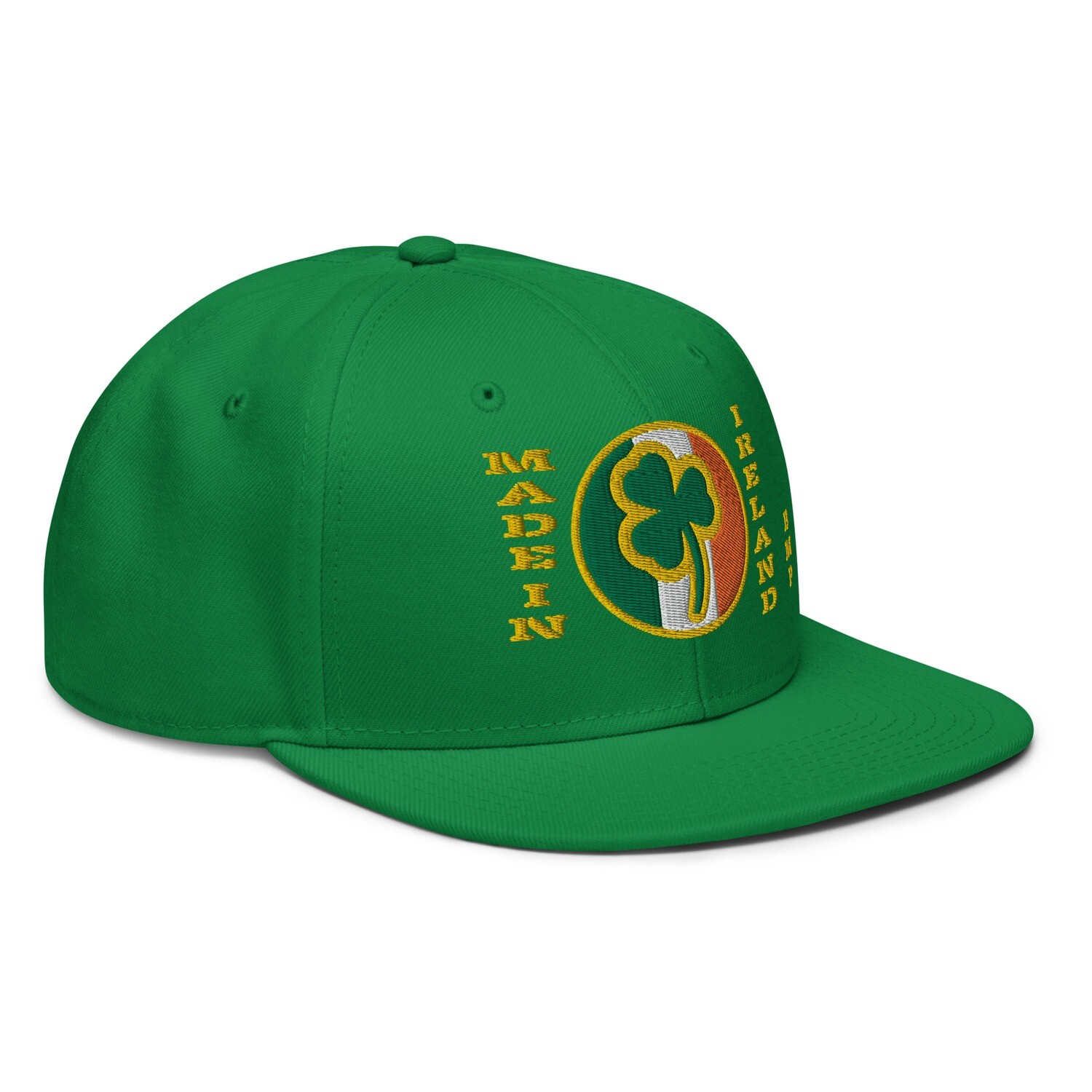 Made in Ireland Green And Gold Shamrock Hat- Flat Front Snapback Hat