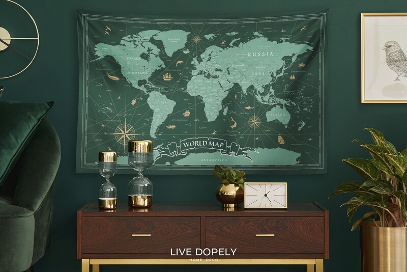 現貨 復古 世界 地圖 (綠青配色) 布幔 Vintage world map tapestry