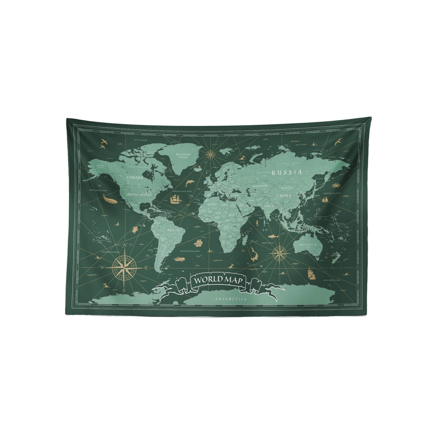 現貨 復古 世界 地圖 (綠青配色) 布幔 Vintage world map tapestry