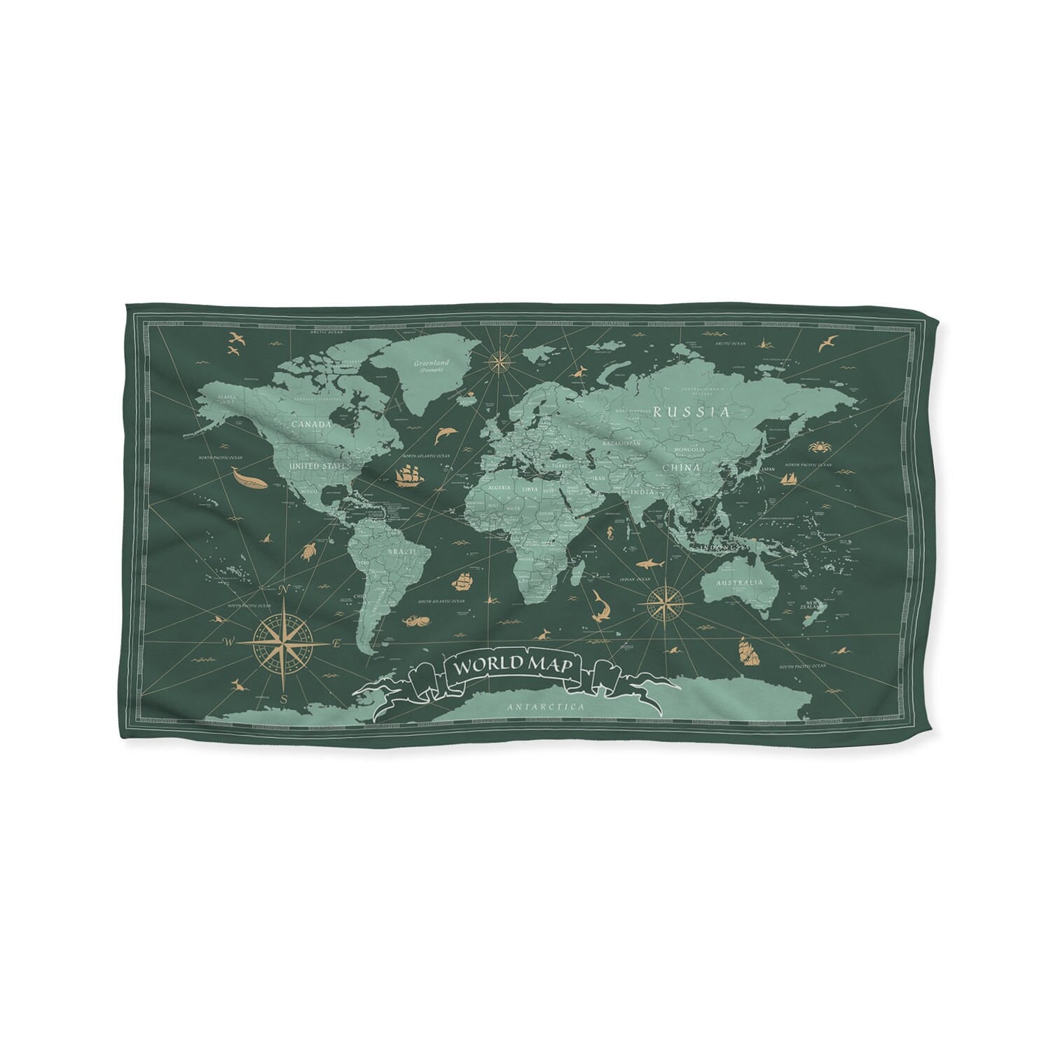 現貨 印花 世界地圖 綠青配色 極超細纖維 吸水浴巾