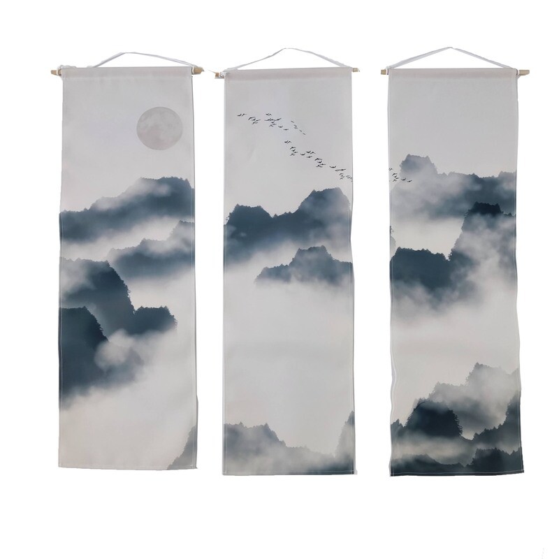 滿版印花 山水畫 掛軸 三入組