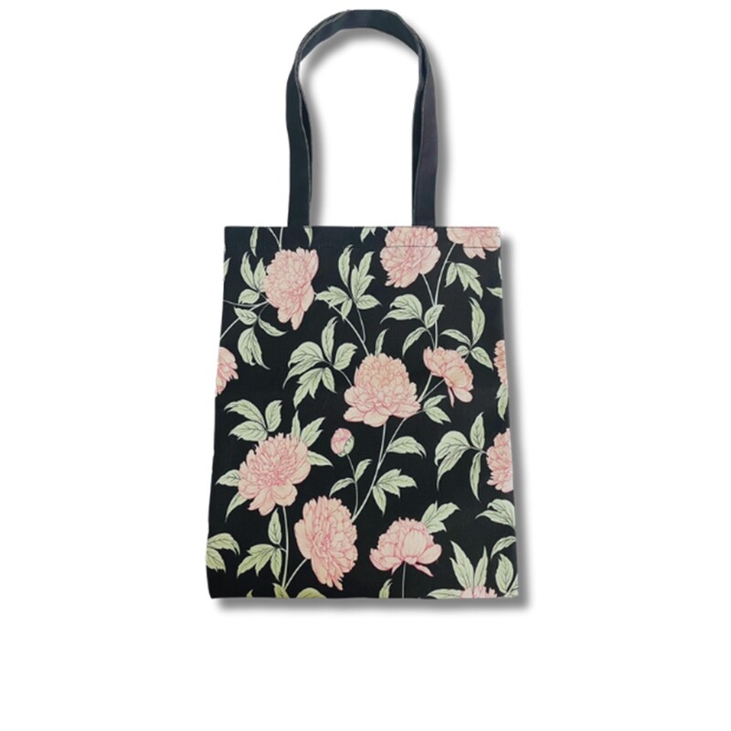 黑色花綻放 單層 直噴 棉帆布 A4 平面 提袋