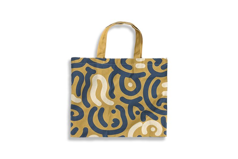 黃藍抽象 幾何 不規則 棉帆布 單層 立體 有底 有側 提袋