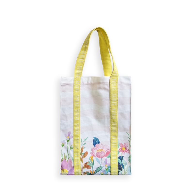 鮮花 英文 滿版 印花 連身提把 帆布托特包 (立體壓線)