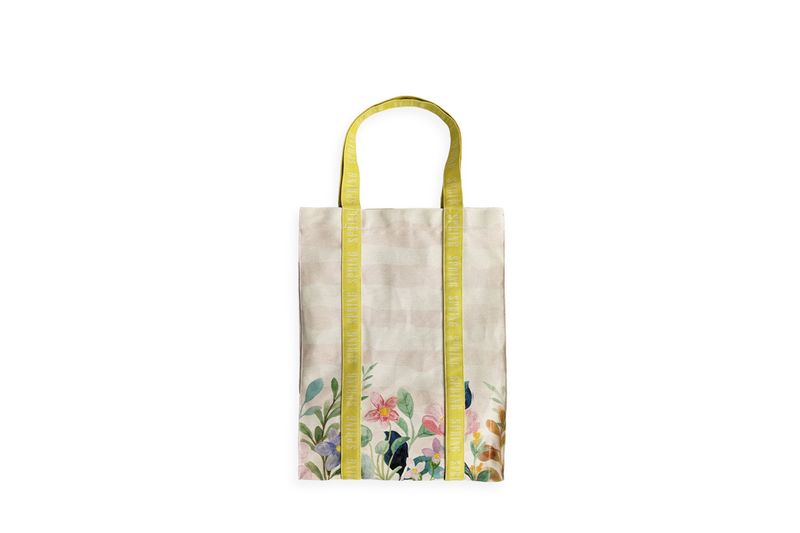 花朵 英文 印花 連身提把 帆布托特包 (立體壓線)