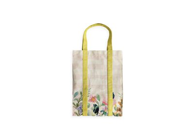 花朵 英文 印花 連身提把 帆布托特包 (立體壓線)