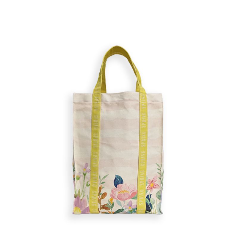 花朵 英文 印花 連身提把 帆布托特包 (立體壓線)