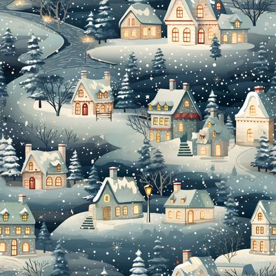 雪夜村莊 印花布 布花