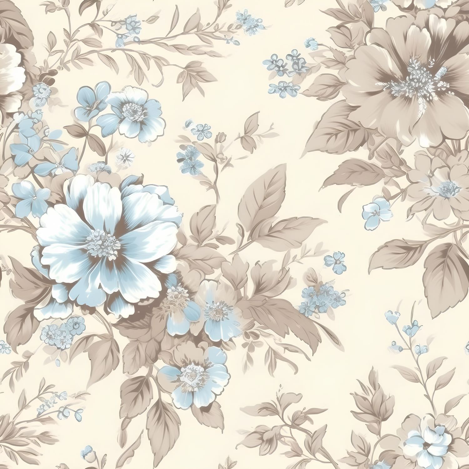 藍色花朵與棕色葉子的優雅舞動 印花布 布花