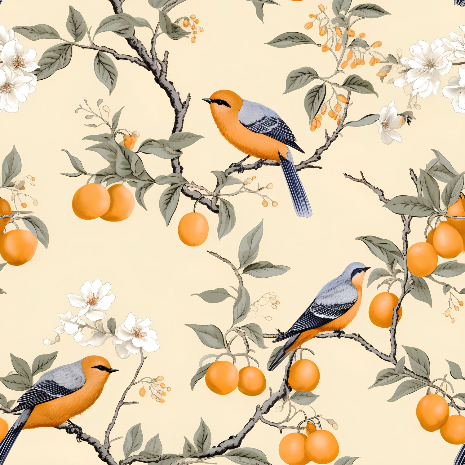 鳥與橙花的和諧 印花布 布花