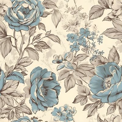 藍色花卉與葉子圖案設計 印花布 布花