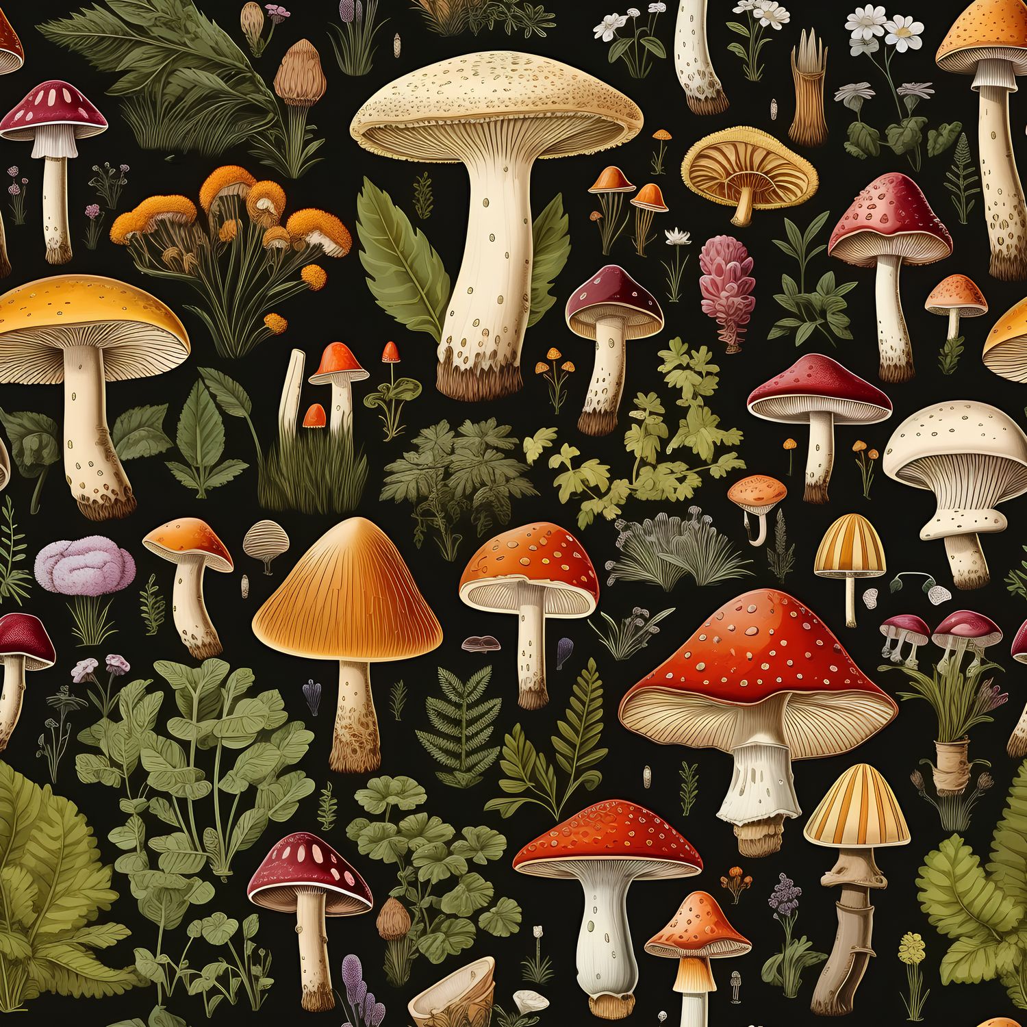 多彩蘑菇與植物插畫 印花布 布花