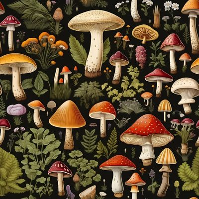 多彩蘑菇與植物插畫 印花布 布花