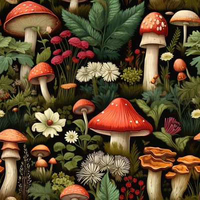 蘑菇與花的森林幻想 印花布 布花