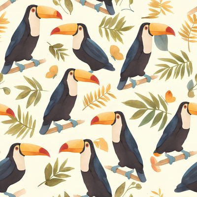 熱帶鳥類與綠葉之間 印花布 布花