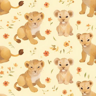 可愛小獅子與花卉的午後時光 印花布 布花