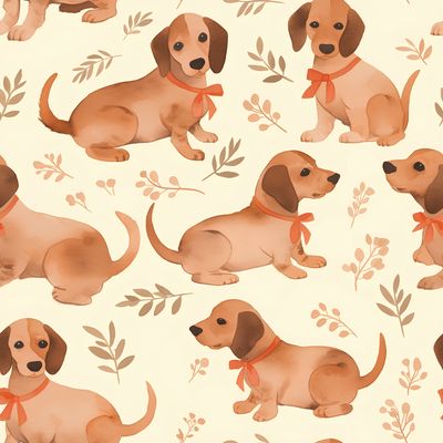 頸上系著紅絲帶的小狗們 印花布 布花