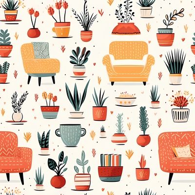 居家植物與椅子插畫圖 印花布 布花
