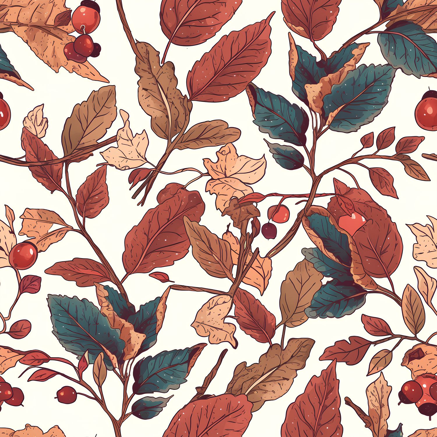 秋季豐收葉子與果實 印花布 布花