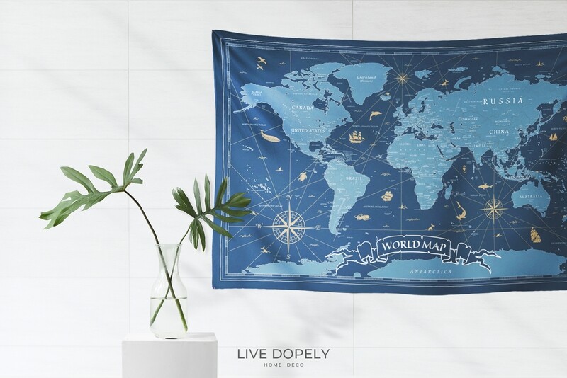 現貨 復古 世界 地圖 (青琉璃配色) 布幔 Vintage world map tapestry