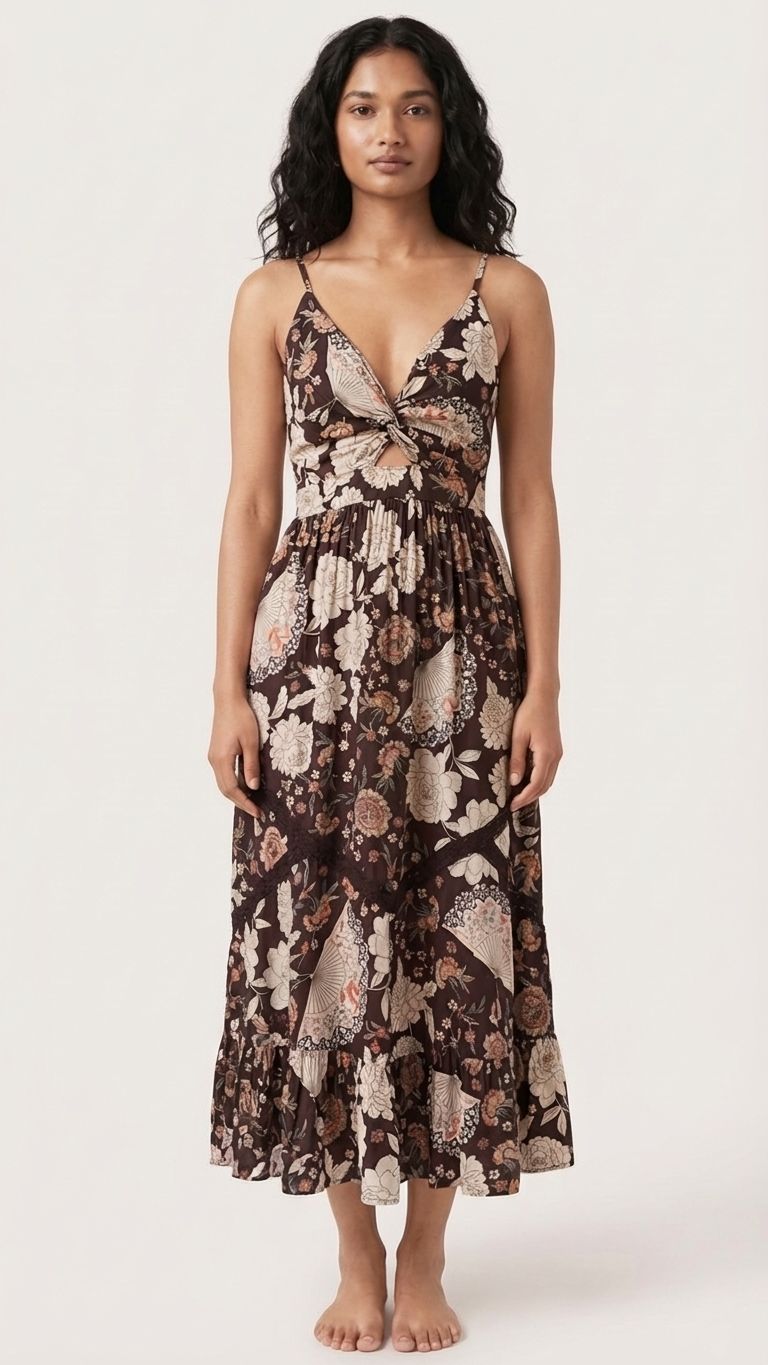 Brown tropical midi dress