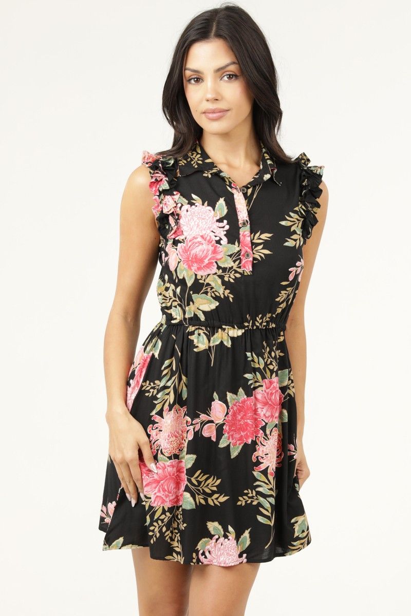 Black floral print short dress