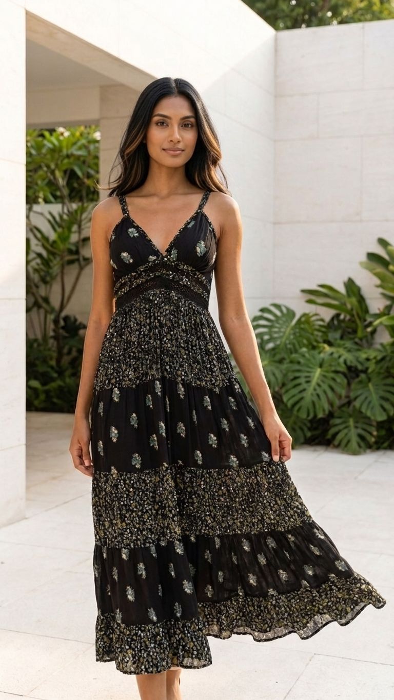 Black Maxi Dress with heritage prints