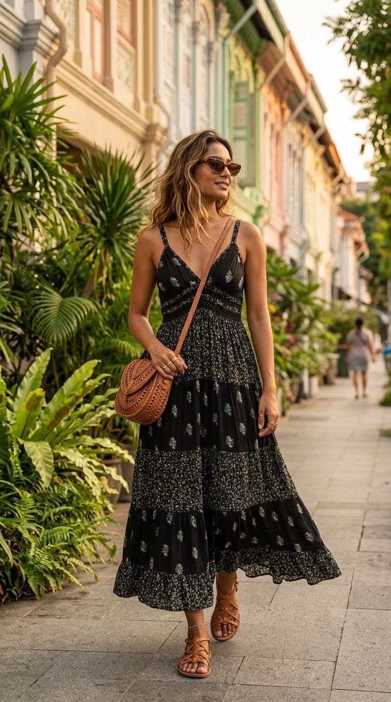 Black Maxi Dress with heritage prints