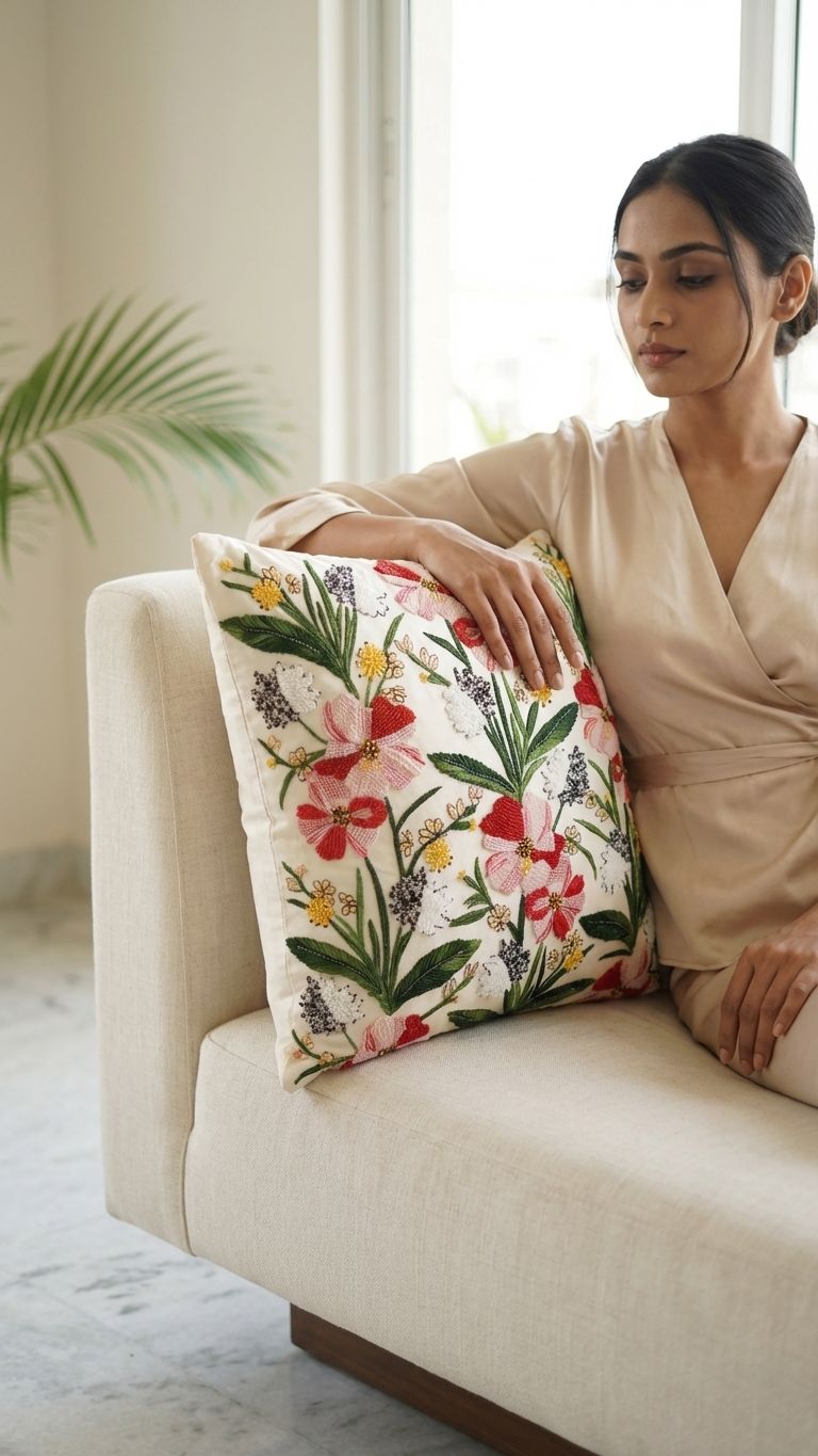 Ivory embroidered  Cushion cover