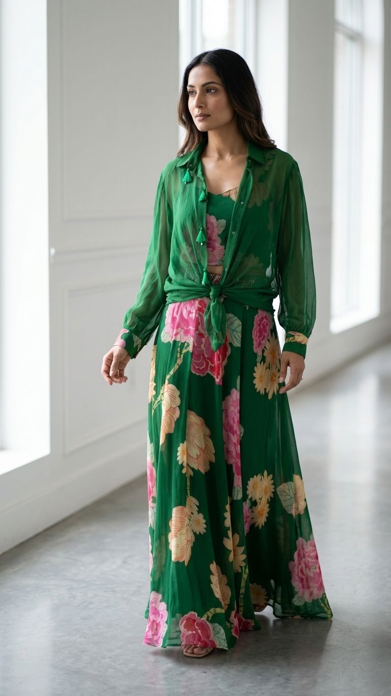 Floral print Georgette sharara and organza shirt