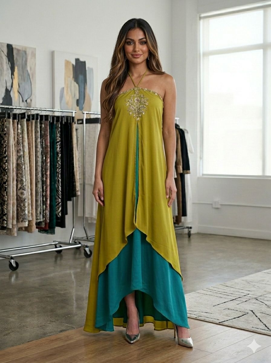 The Zenith Tiered Halter Maxi in Chartreuse &amp; Teal