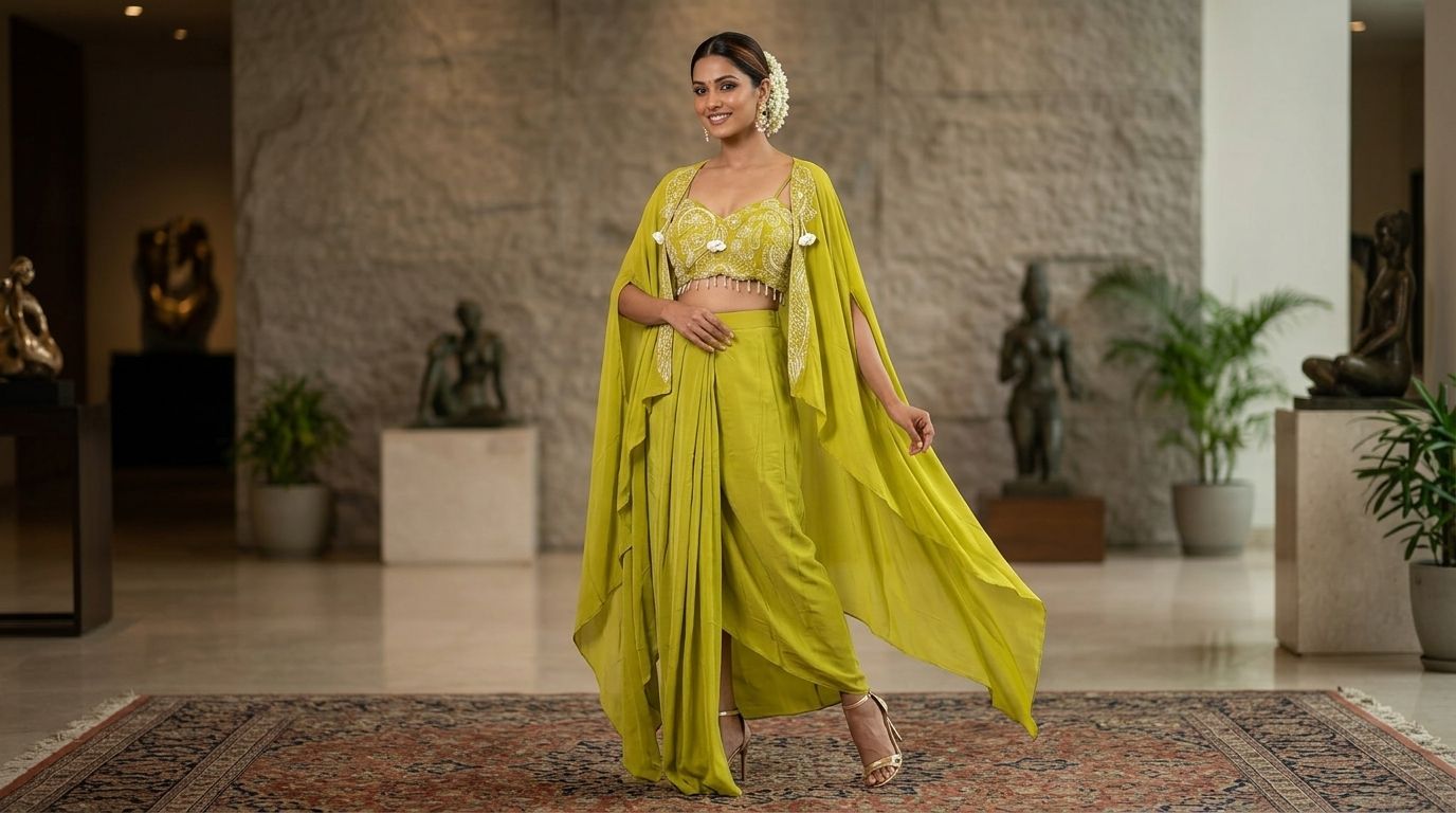 The Citrine Drape Dhoti &amp; Cape Set