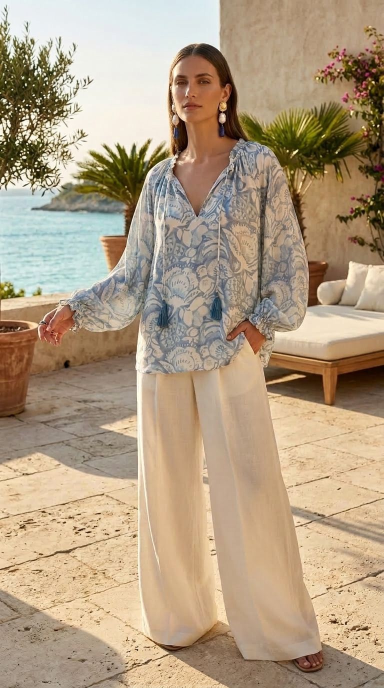 Printed pure silk top