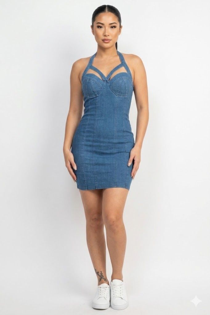 Halter neck denim dress