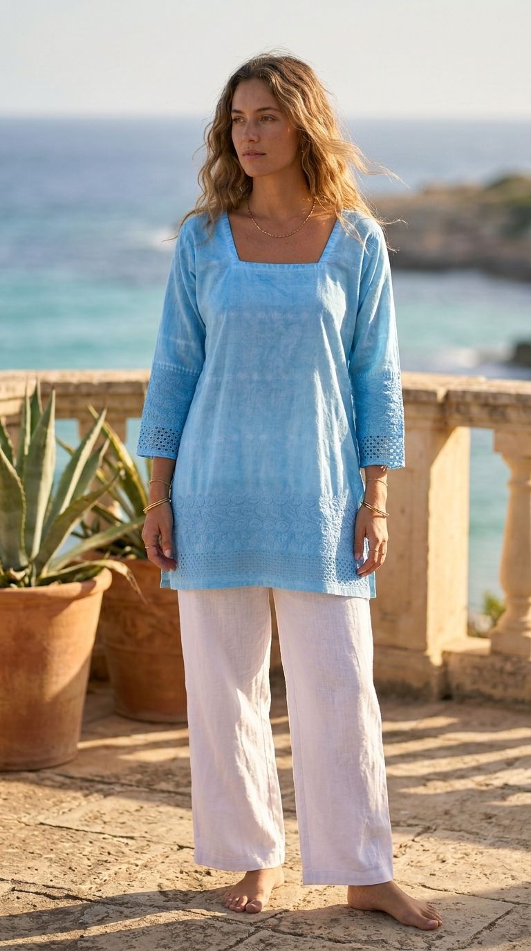 Sky Blue Cotton Tunic Top | Lightweight 3/4 Sleeve Summer Tunic