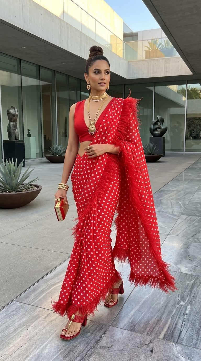 Red polka dot Saree