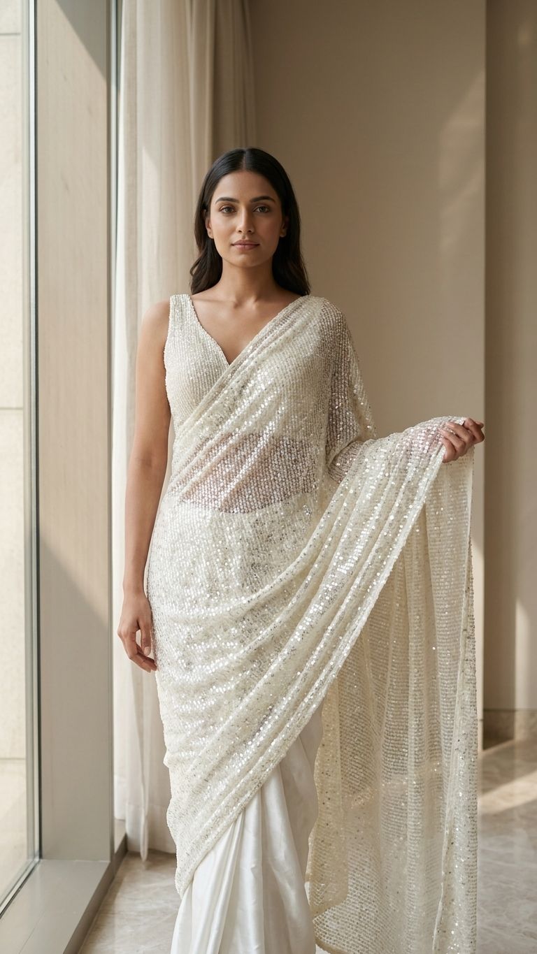 Ivory Sequin Embellished  Saree Set