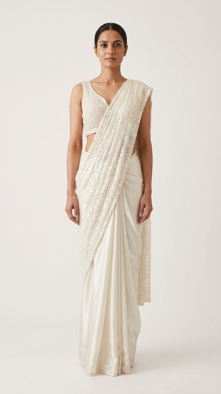 Ivory Sequin Embellished  Saree Set
