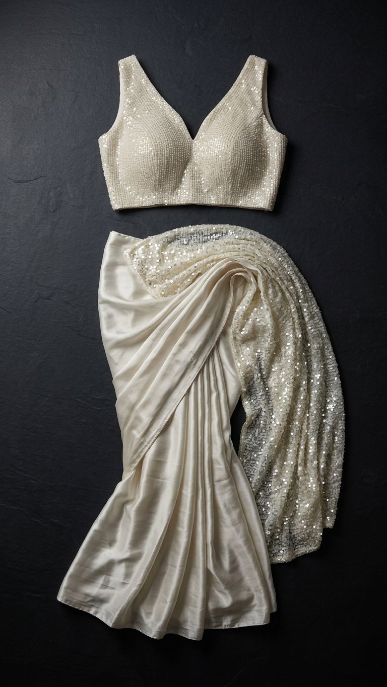 Ivory Sequin Embellished  Saree Set