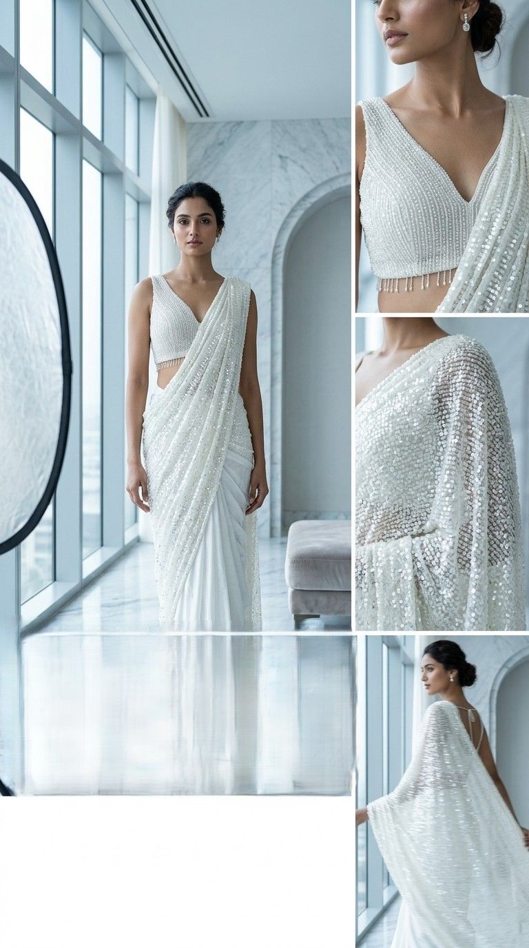 Ivory Sequin Embellished  Saree Set