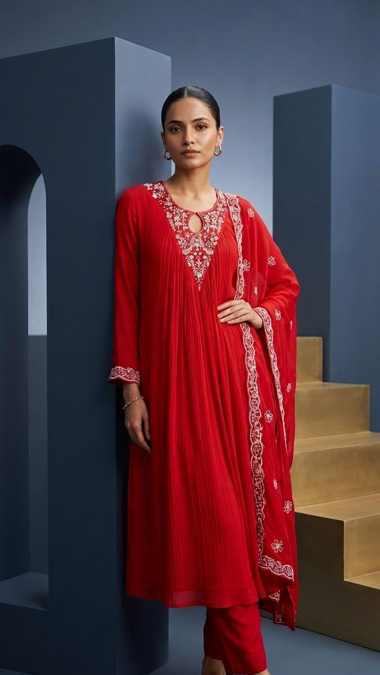 Red Embroidered kurta set