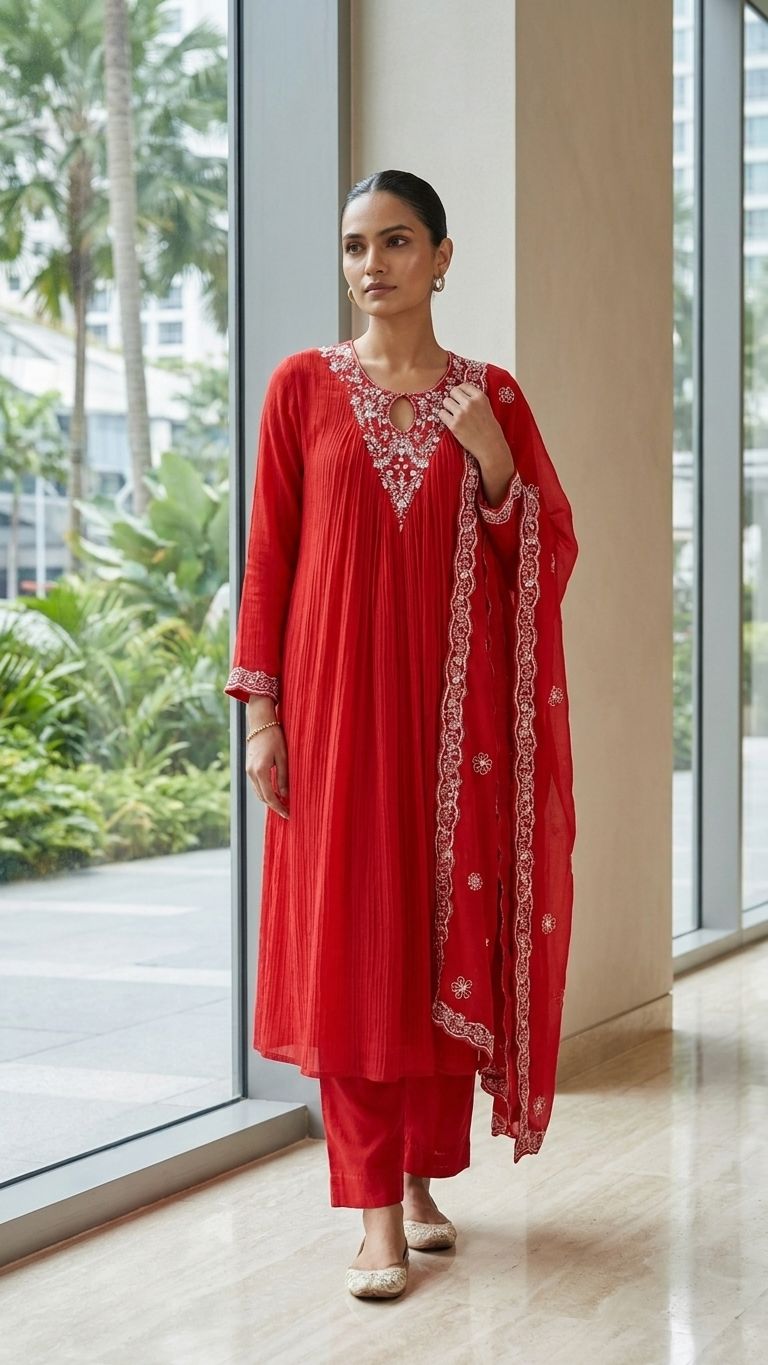 Red Embroidered kurta set