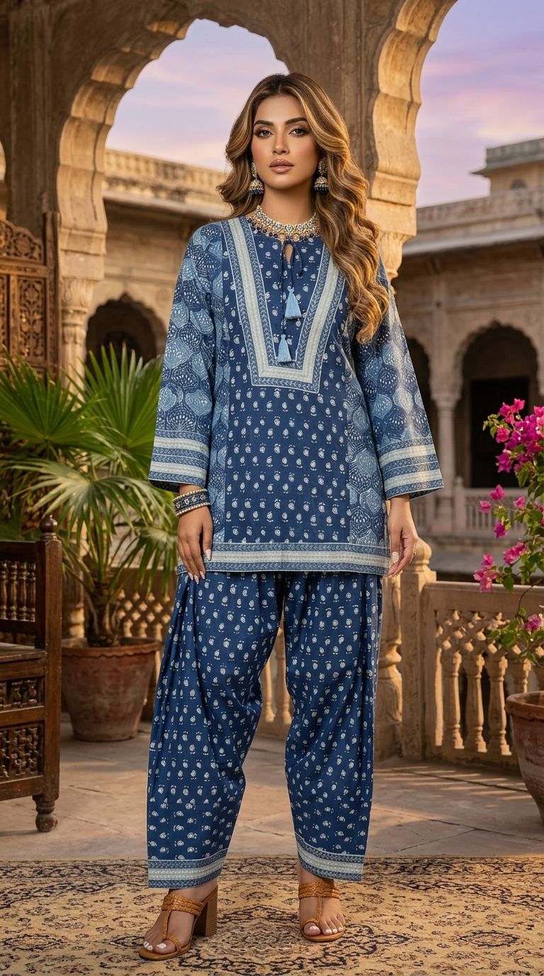 Elegant Indigo Cotton 2-Piece Farshi Salwar Set