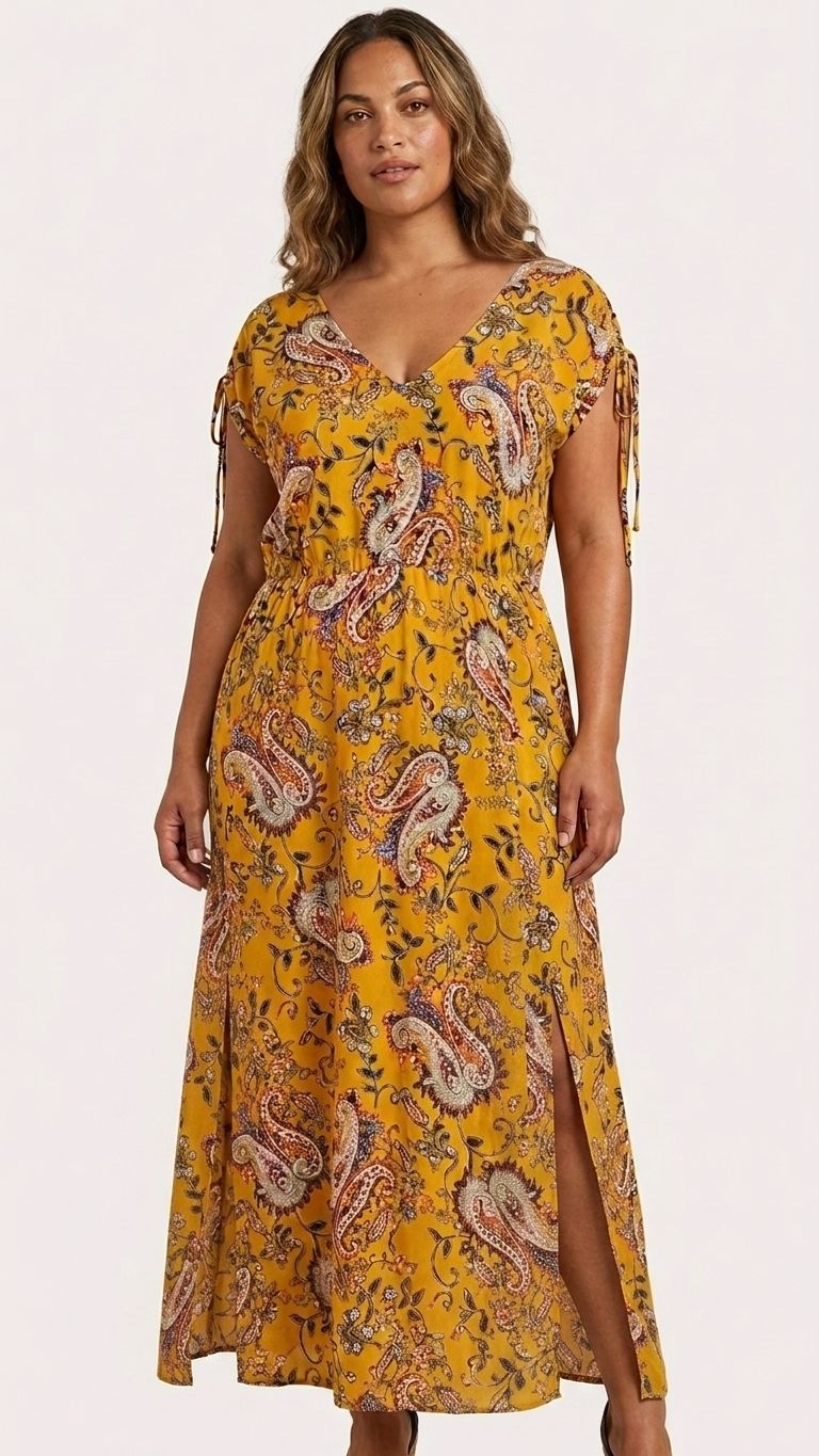 Mustard Paisley Maxi Dress for curvy sizes